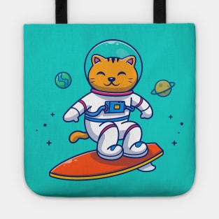 Cute Cat Astronaut Surfing In Space Cartoon Tote