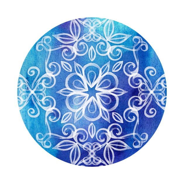 White Floral Painted Pattern on Blue Watercolor by micklyn