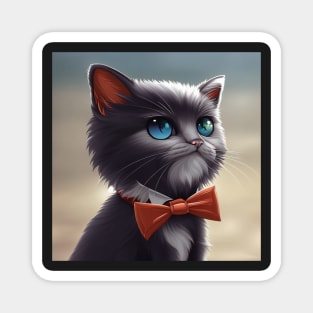 Elegant Grey Cat With an Orange Bow Tie | White and grey cat with blue eyes | Digital art Sticker Magnet