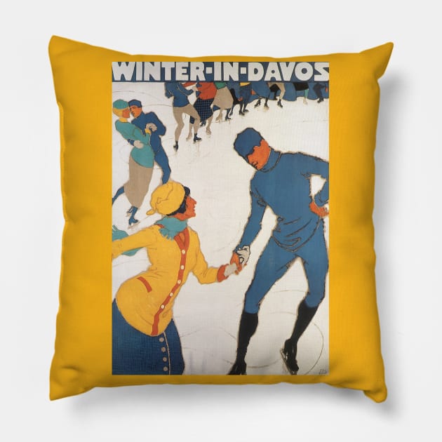 Vintage Travel Poster, Winter in Davos Pillow by MasterpieceCafe