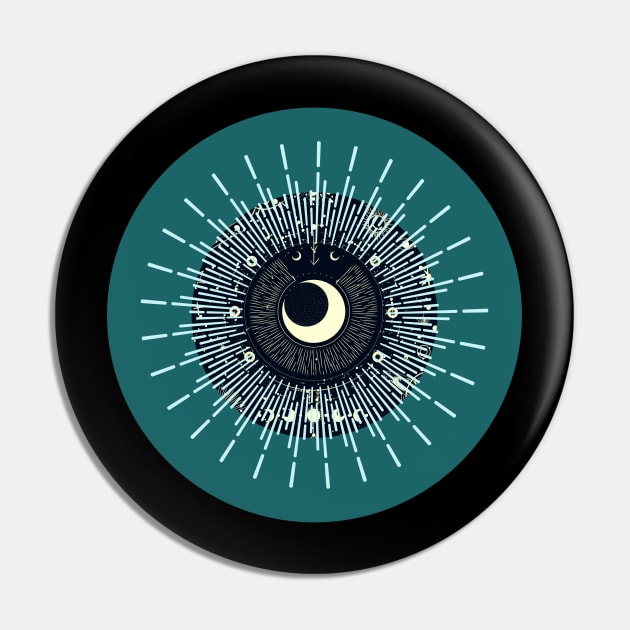 Halloween Cresent Moon, Celestial Symbols, Portents, Omens, Signs, and Fortunes - Teal and Black Variation Pin by SwagOMart