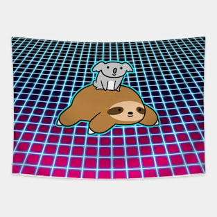 Little Koala and Sloth Vaporwave Grid Tapestry