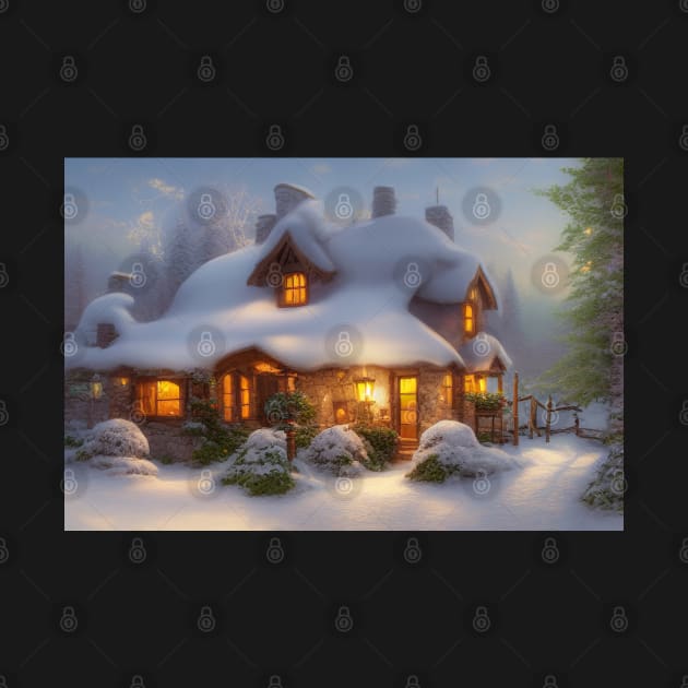 Magical Fantasy House with Lights in a Snowy Scene, Fantasy Cottagecore artwork by Promen Art