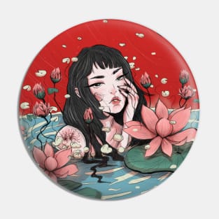 LOTUS GIRL WOMAN ILLUSTRATION POND ART moon Pin