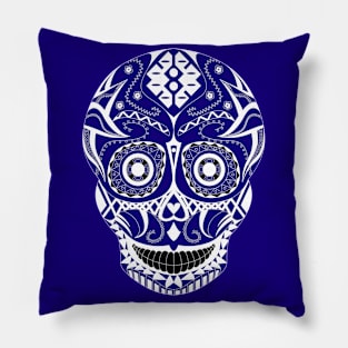 skeleton smile in mexican pattern in dark Pillow