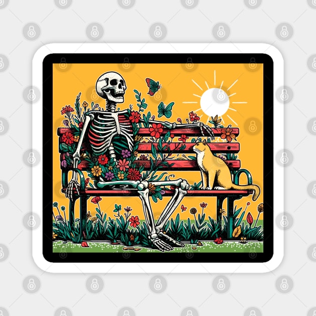 Skeleton and Kitty on Park bench with yellow background Magnet by Art from the Machine