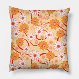 Vibrant Retro Floral Pattern in Hand-Drawn Style - Orange, Red and Pink Pillow