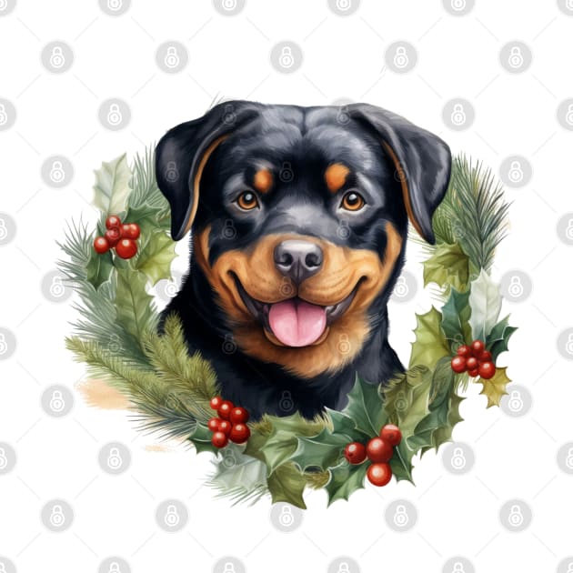 Christmas Rottweiler Dog Wreath by Chromatic Fusion Studio