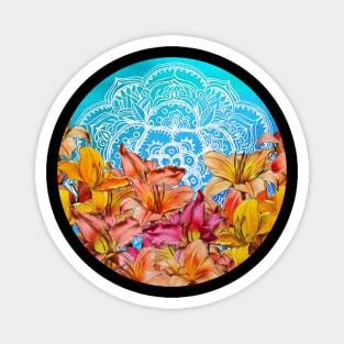 Orange Lilies & White Mandala on Blue Magnet