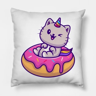 Cat Unicorn With Doughnut Cartoon Vector Icon Illustration Pillow