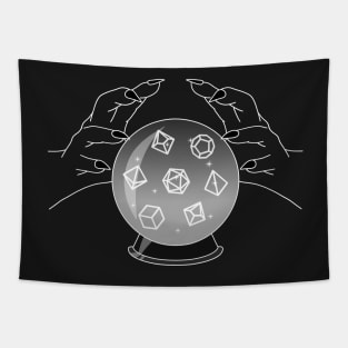 Roll for Your Fate - Polyhedral Dice Crystal Ball Monochrome White Line Art Tapestry