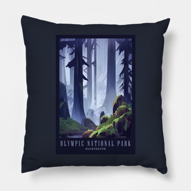 Olympic National Park Travel Poster Pillow by GreenMary Design