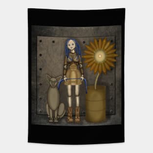 Girl with a cat and a sunflower. Steampunk Tapestry