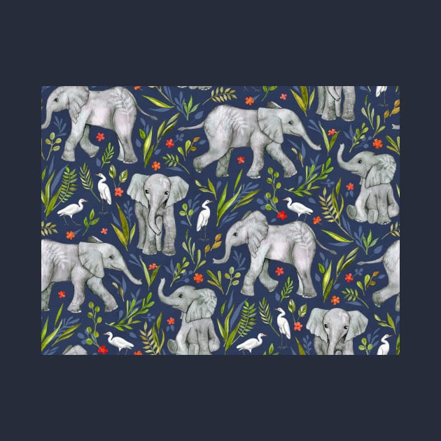 Baby Elephants and Egrets in Watercolor - navy blue by micklyn