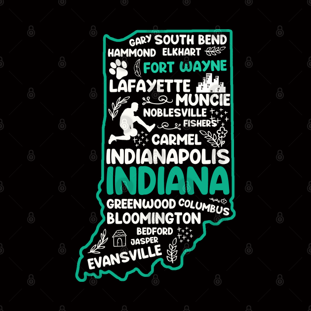 Fort Wayne Indiana cute map Indianapolis, Evansville, Carmel, South Bend, Fishers, Bloomington, Hammond, Gary, Lafayette by BoogieCreates