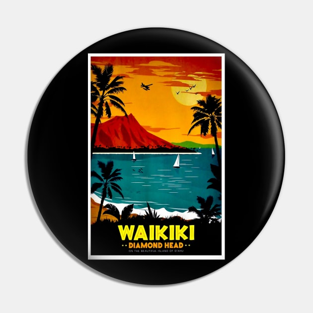 Waikiki Hawaii Diamond Head Tourism Advertising Print Pin by posterbobs