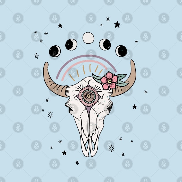 Boho Tribal Cow Skull with Flowers - dusty mint green by misentangled