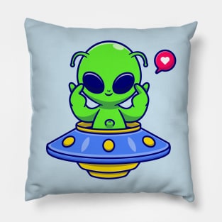 Cute Alien Riding UFO With Love Sign Cartoon Pillow