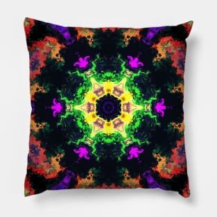 Psychedelic Kaleidoscope Flower Green Purple and Orange Pillow