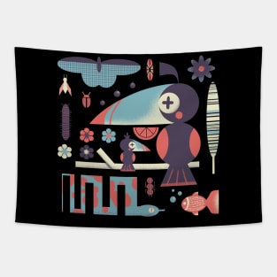 Geometric Toucan and Colorful Jungle Animals Tapestry