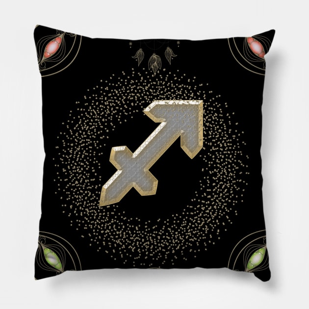 Golden zodiac sagittarius sign Pillow by Nicky2342