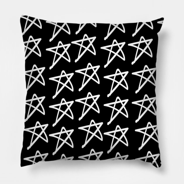 Five Pointed Black Star Doodle Grunge Pattern Pillow by TornadoTwistar Clothing