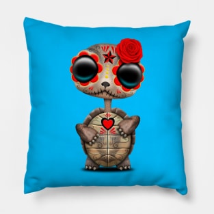 Red Day of the Dead Sugar Skull Baby Turtle Pillow