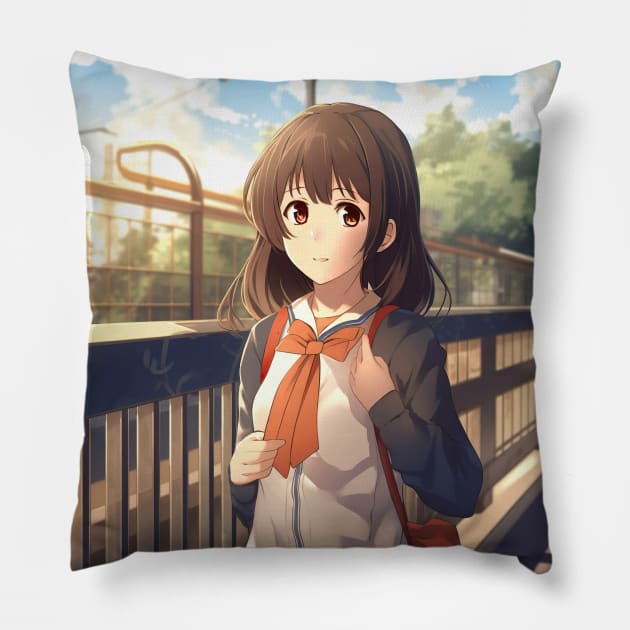 Cute Anime Girl at Train Station - Anime Wallpaper Pillow by KAIGAME Art