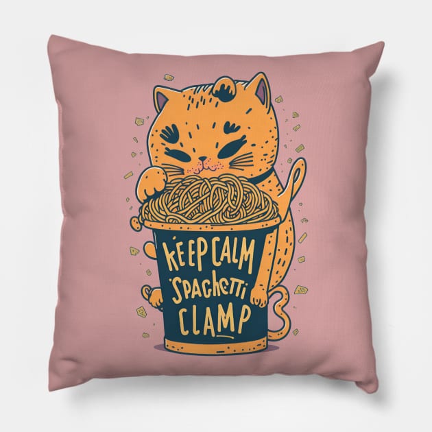 Cute Cat Eating Spaghetti: Keep Calm And Spaghetti Clamp Pillow by ZeePixels