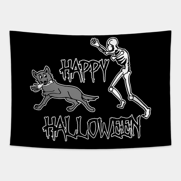 Funny Skeleton Dog Humor Happy Halloween Dog Bone Tapestry by DesignFunk