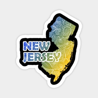 Colorful mandala art map of New Jersey with text in blue and yellow Magnet