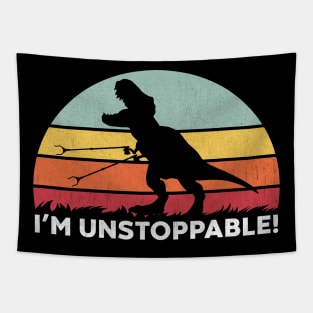 Funny T Rex I'm Unstoppable With Trash Grabber Picker (Stripes) Tapestry