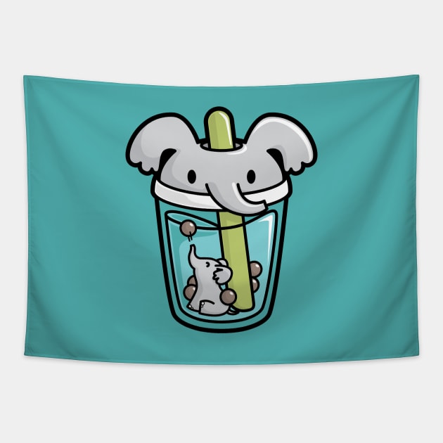 Bubble Tea with White Cute Kawaii Elephant Inside Tapestry by BobaTeaMe