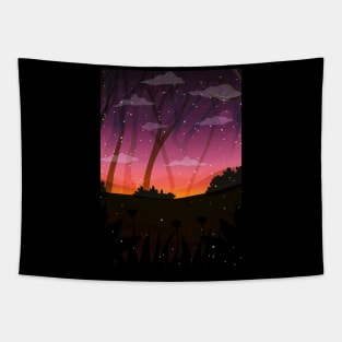 Fireflies in forest at night. Tapestry