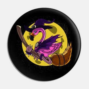 Flamingo Witch Riding Broom Halloween Pin