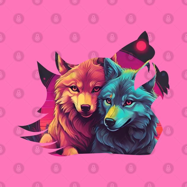 HOWLING LOVE WOLVES SNUGGLING RETROWAVE WOLVE SILHOUETTE by StayVibing