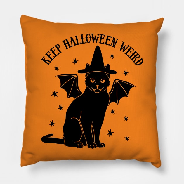 Cute Retro Black Cat Witch Bat - Keep Halloween Weird Pillow by PUFFYP