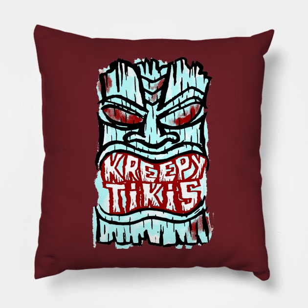 Kreepy Tikis light blue logo Pillow by The_Kreepy_Tikis