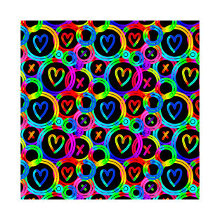 Funky neon rainbow gradient circles pattern with hearts and x shapes T-Shirt