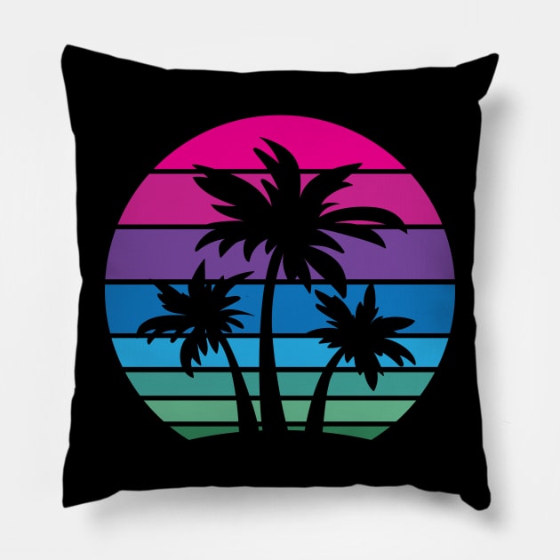 Retro 80s and 90s Tropical Beach Style Palm Tree Sunset Design Pillow by hobrath