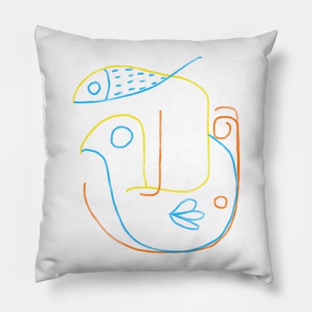 Fish bird face picasso Pillow by Angel Rivas