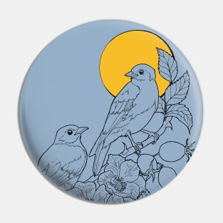 Birds on a branch of rosehip Pin