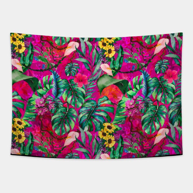 Cute tropical floral leaves botanical illustration, tropical plants,leaves and flowers, hot pink fuchsia leaves pattern Tapestry by Zeinab taha