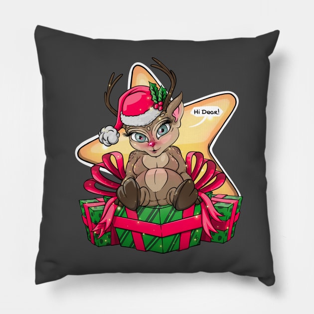 Christmas Deer with gifts for you Pillow by Mei.illustration