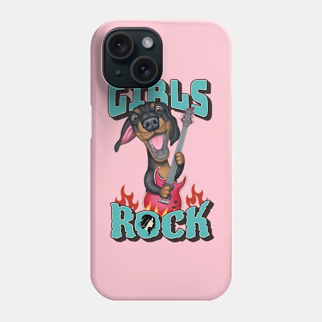 Fun Girls Rock with Dachshund Doxie Dog and guitar Phone Case by Danny Gordon Art