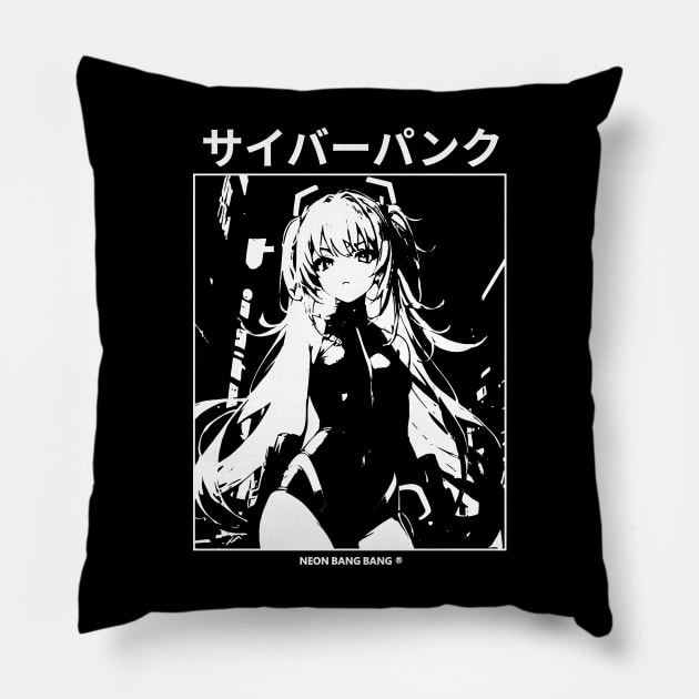 Cyberpunk Girl - Black Pillow by Neon Bang Bang