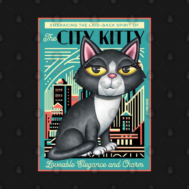Black and white kitty on city kitty background in green by Danny Gordon Art