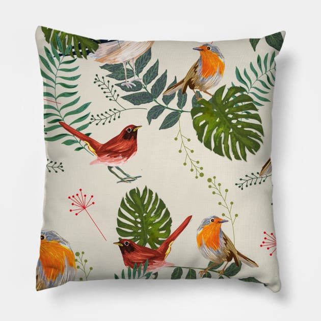 Exotic Bird Paradise Colorful Carefree Tree Leaves Gift Pillow by WiggleMania