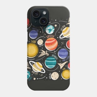 Paper space adventure II // illo // black background multicoloured solar system paper cut planets origami paper spaceships and rockets Phone Case