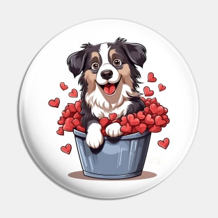 Cartoon Australian Shepherd Dog in Hearts Basket Pin